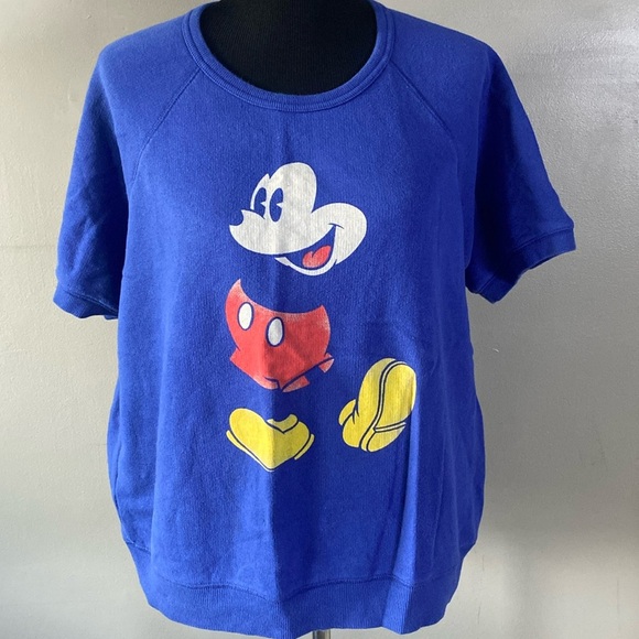 Disney Mickey Mouse Blue Short Sleeve Crewneck Sweatshirt Sz L - Picture 1 of 8